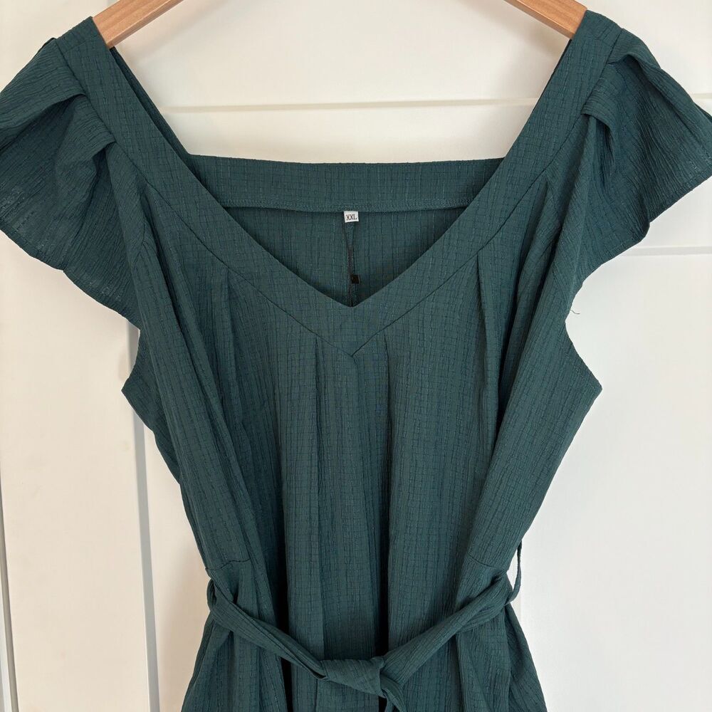 Women’s Dark Green Maxi Dress V-Neck Ruffle Sleeve Belted Size XXL NWT